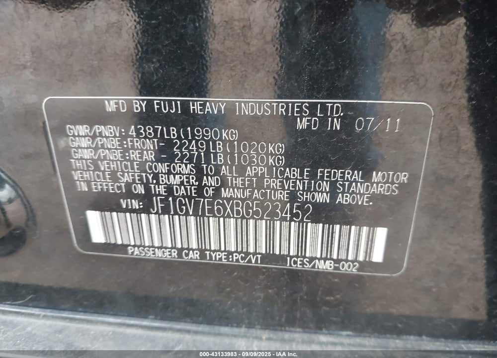 2011 SUBARU IMPREZA VIN: JF1GV7E6XBG523452