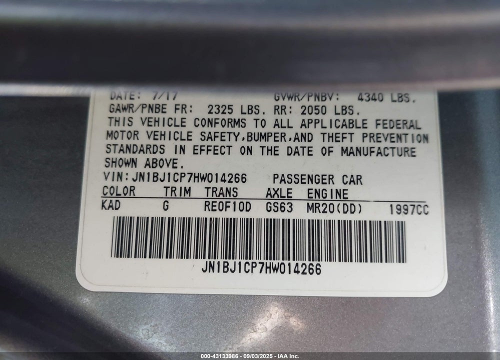 2017 NISSAN ROGUE SPORT VIN: JN1BJ1CP7HW014266