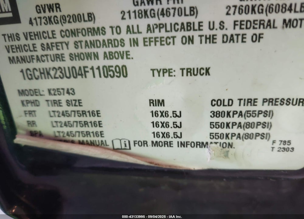 2004 CHEVROLET SILVERADO 2500HD LS VIN: 1GCHK23U04F110590
