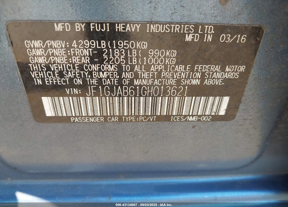 2016 SUBARU IMPREZA VIN: JF1GJAB61GH013621