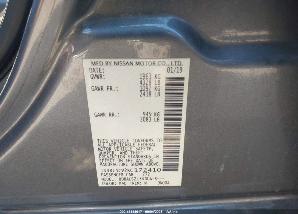 2019 NISSAN ALTIMA VIN: 1N4BL4CV2KC172410