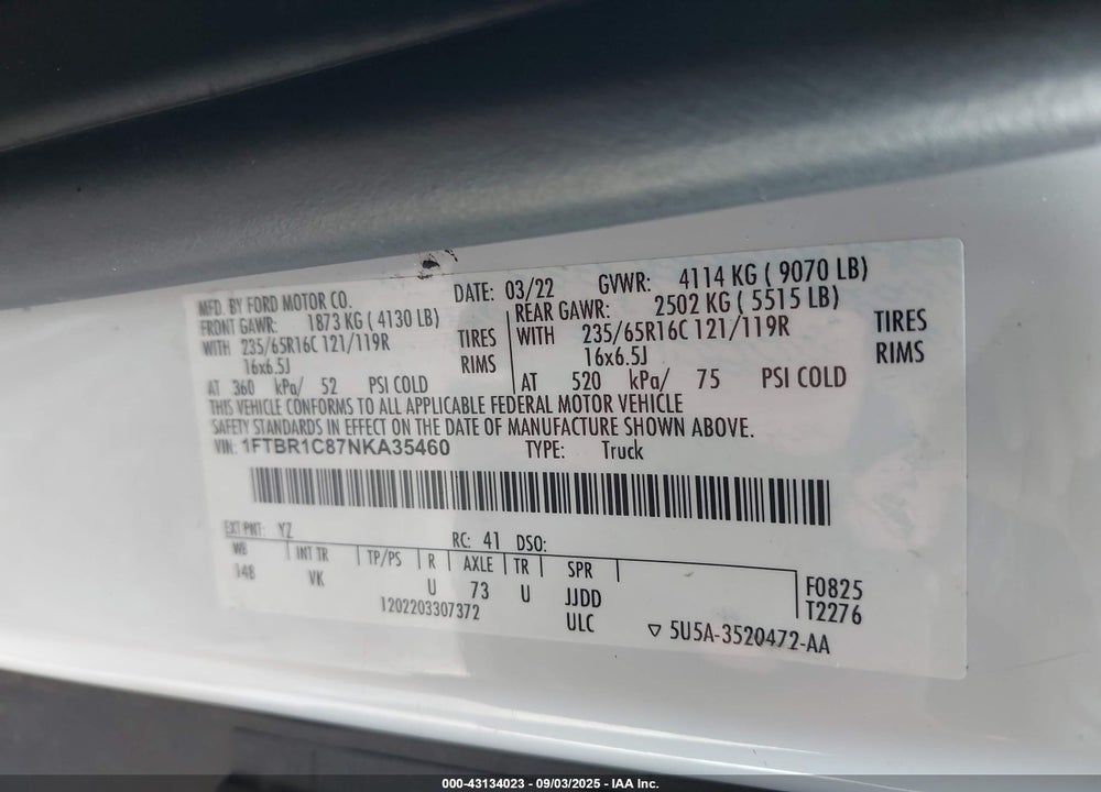 2022 FORD TRANSIT-250 VIN: 1FTBR1C87NKA35460