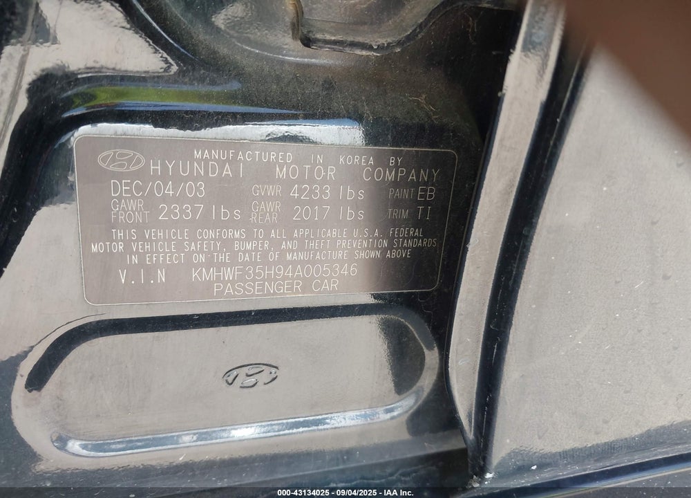 2004 HYUNDAI SONATA GLS/LX VIN: KMHWF35H94A005346