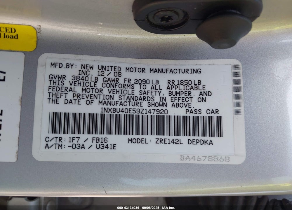 2009 TOYOTA COROLLA VIN: 1NXBU40E59Z147920