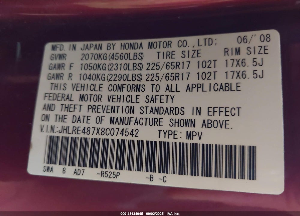 2008 HONDA CR-V EX-L VIN: JHLRE487X8C074542