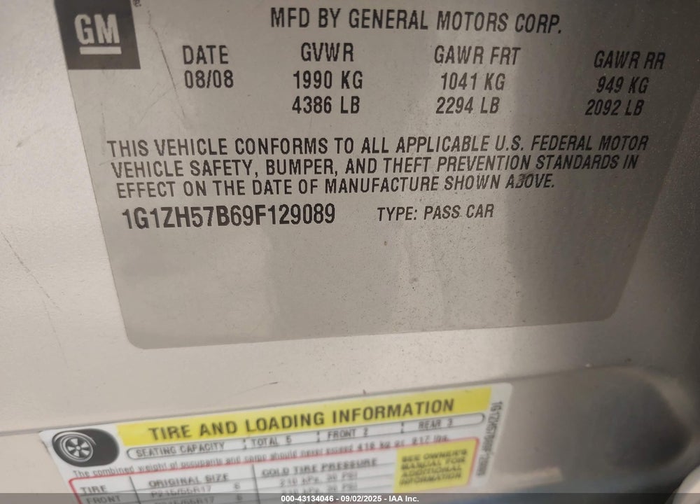 2009 CHEVROLET MALIBU VIN: 1G1ZH57B69F129089