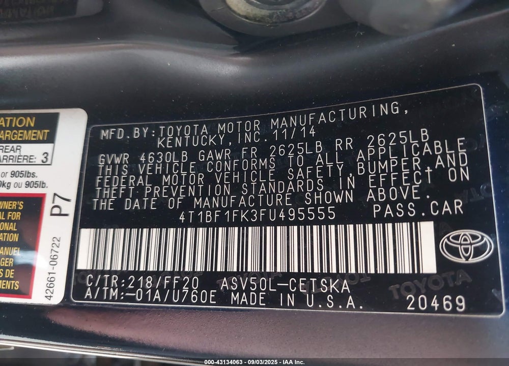 2015 TOYOTA CAMRY VIN: 4T1BF1FK3FU495555