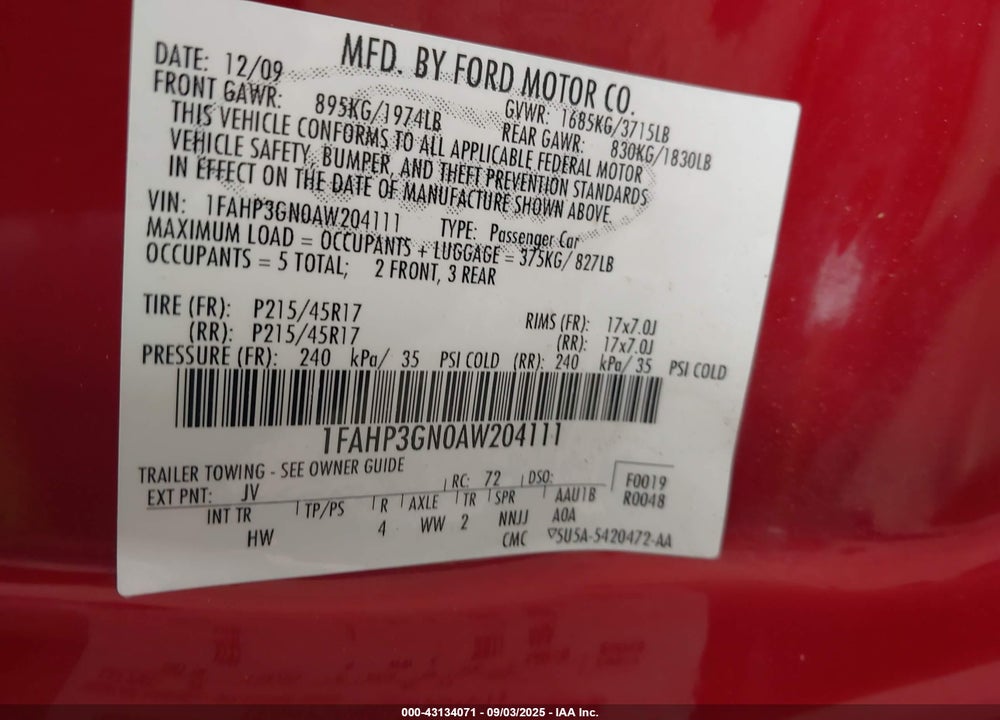 2010 FORD FOCUS SES VIN: 1FAHP3GN0AW204111