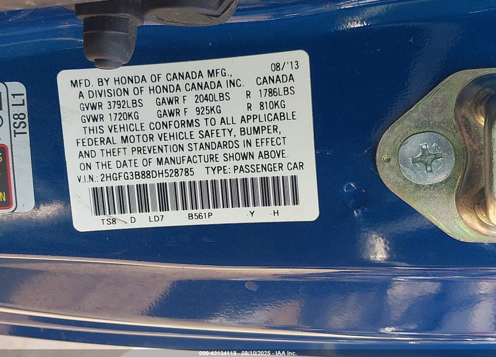 2013 HONDA CIVIC VIN: 2HGFG3B88DH528785