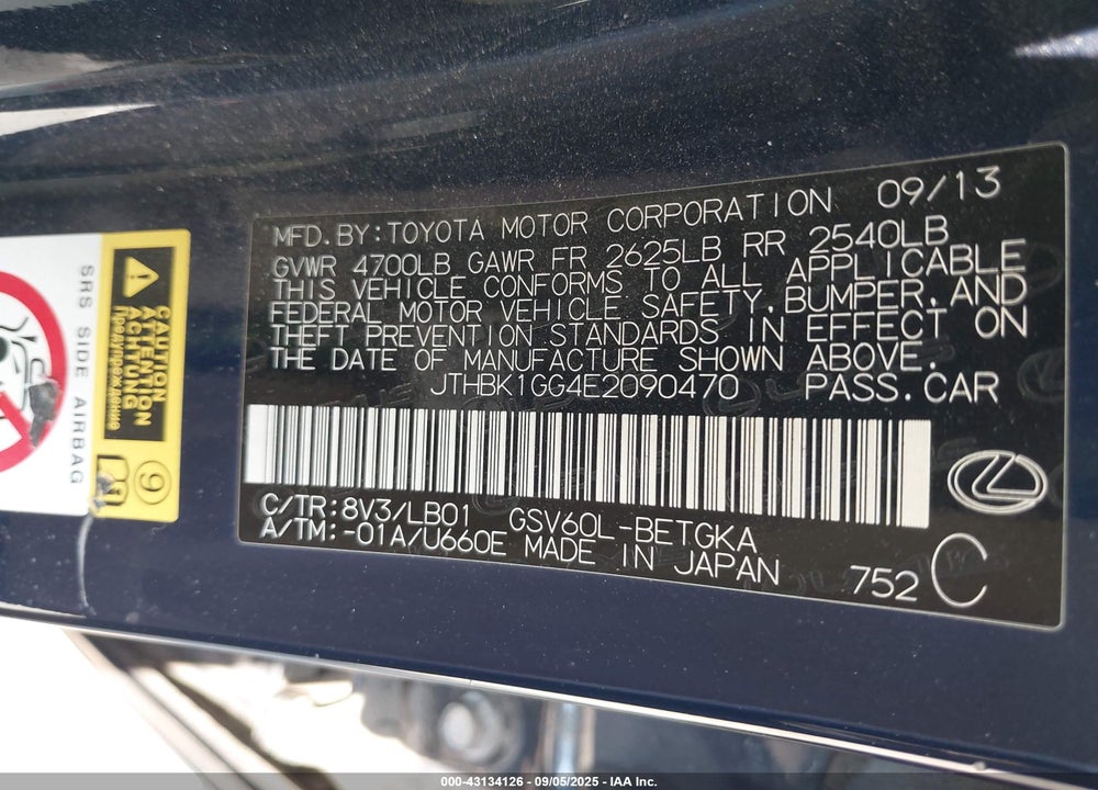 2014 LEXUS ES 350 VIN: JTHBK1GG4E2090470