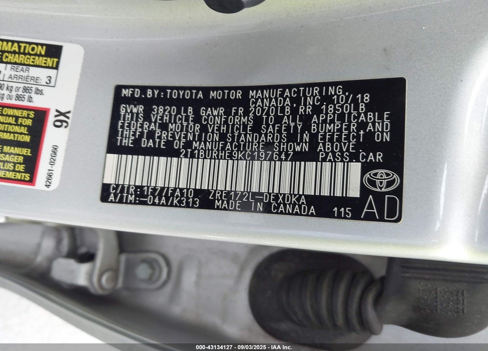 2019 TOYOTA COROLLA VIN: 2T1BURHE9KC197647