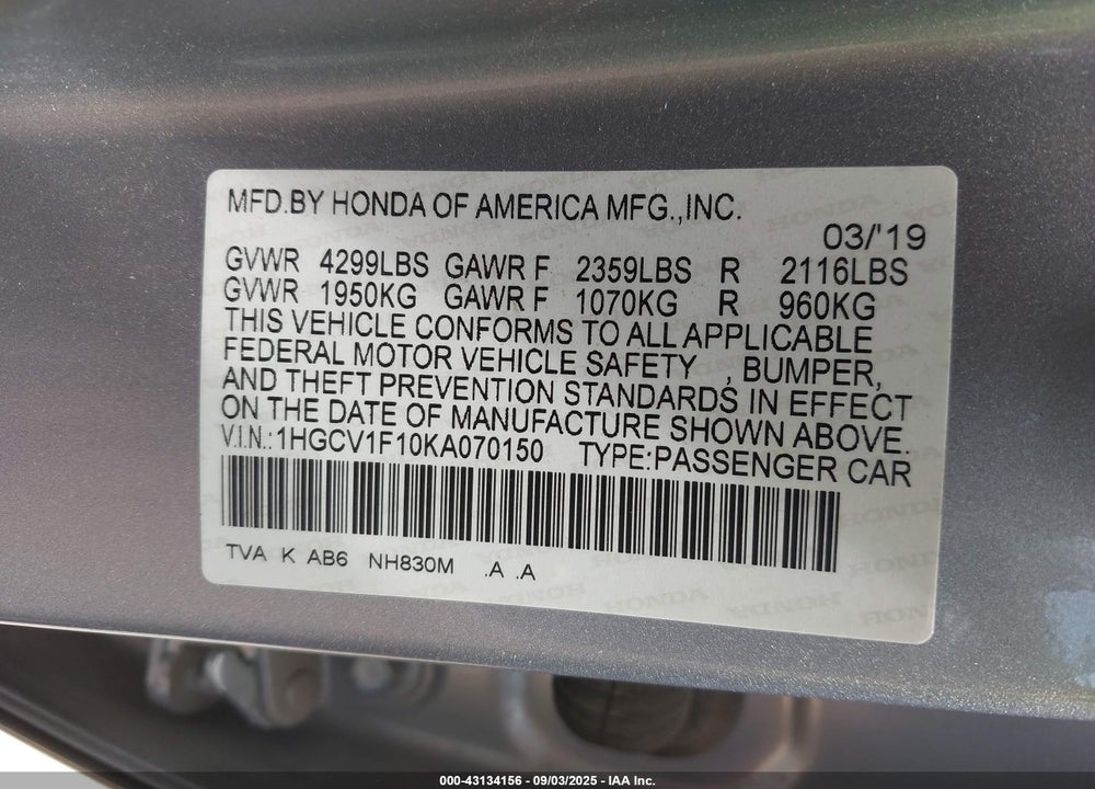 2019 HONDA ACCORD VIN: 1HGCV1F10KA070150