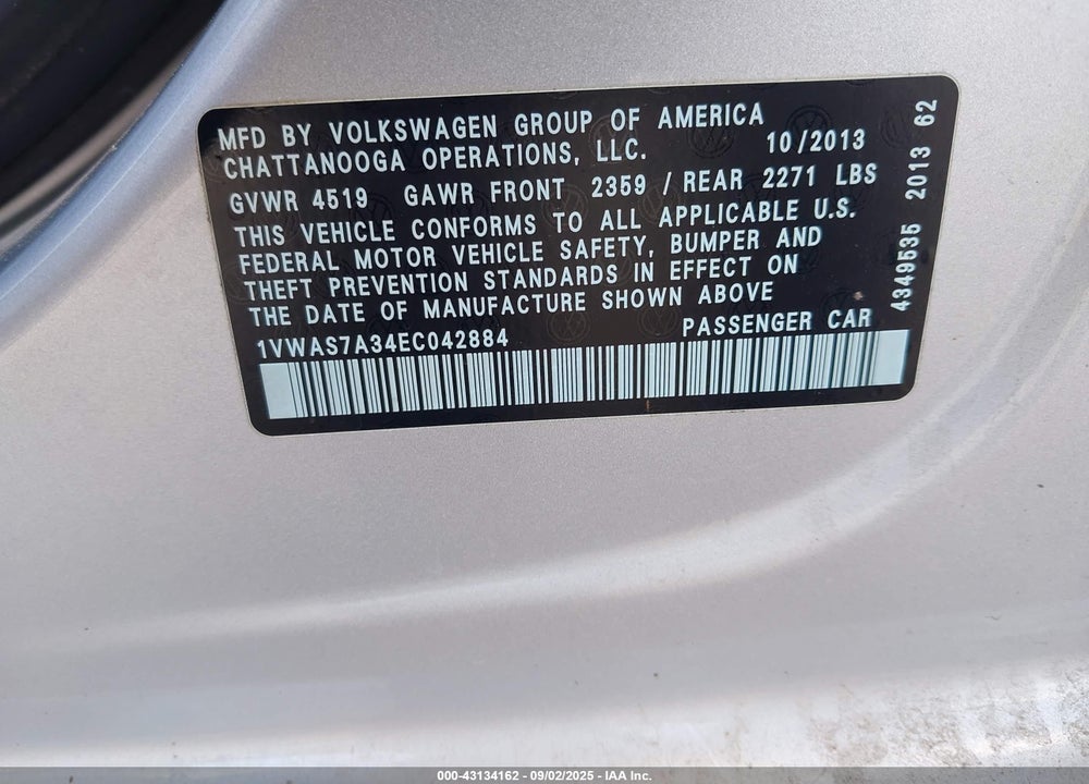 2014 VOLKSWAGEN PASSAT VIN: 1VWAS7A34EC042884
