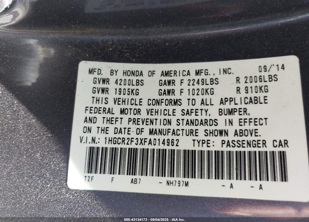 2015 HONDA ACCORD VIN: 1HGCR2F3XFA014962