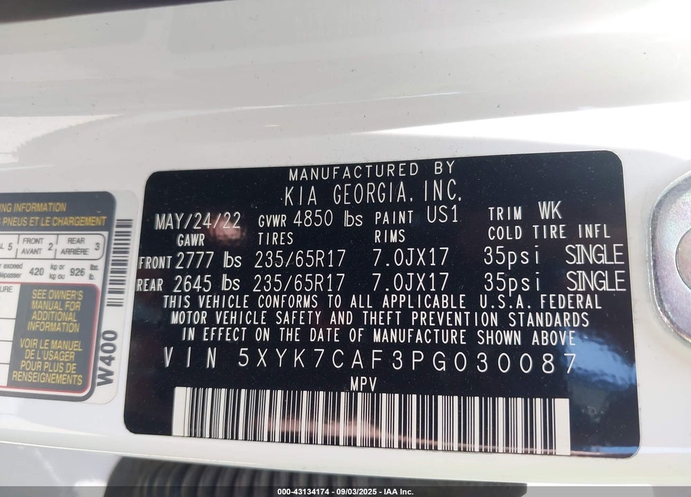 2023 KIA SPORTAGE VIN: 5XYK7CAF3PG030087