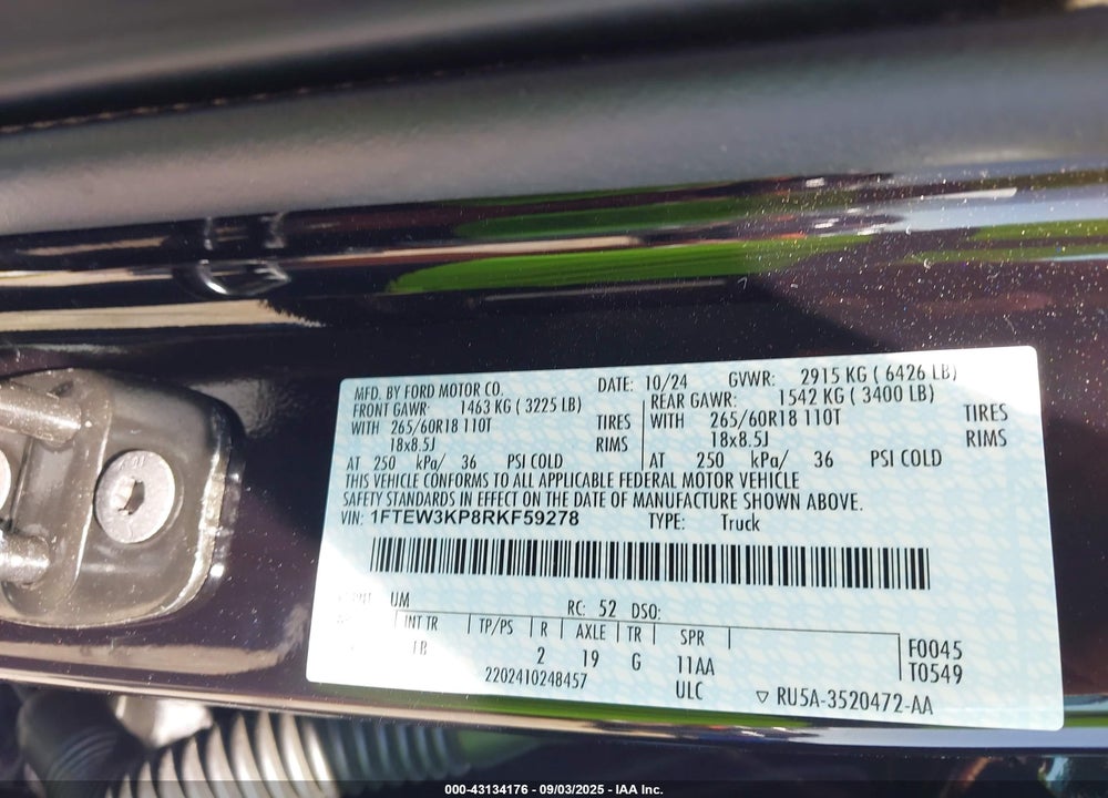 2024 FORD F-150 XLT VIN: 1FTEW3KP8RKF59278