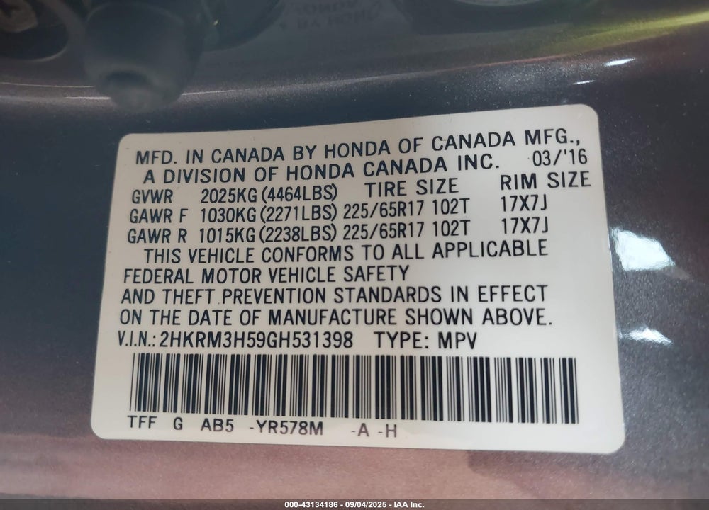 2016 HONDA CR-V VIN: 2HKRM3H59GH531398