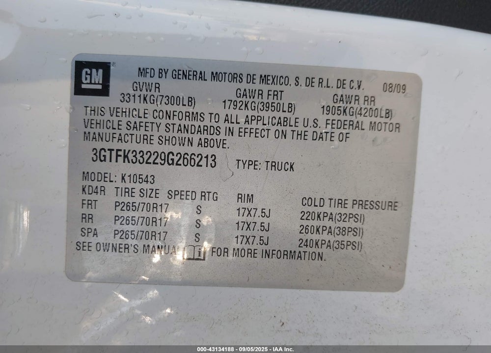 2009 GMC SIERRA 1500 VIN: 3GTFK33229G266213