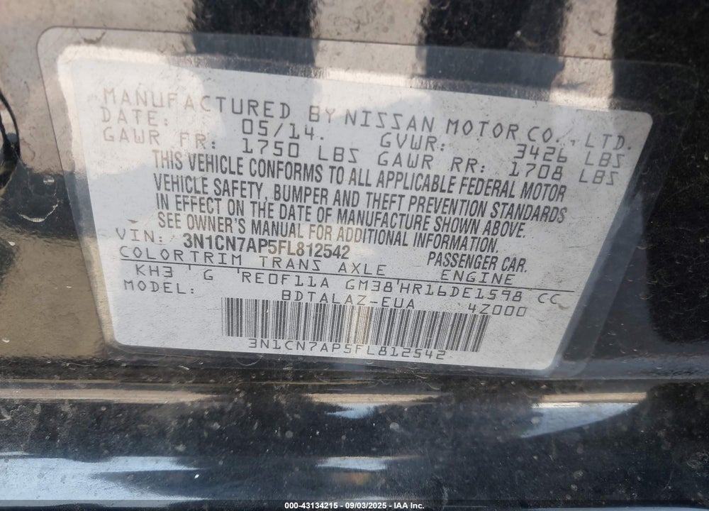 2015 NISSAN VERSA VIN: 3N1CN7AP5FL812542