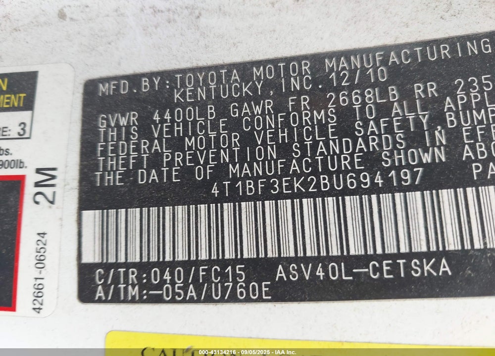 2011 TOYOTA CAMRY VIN: 4T1BF3EK2BU694197