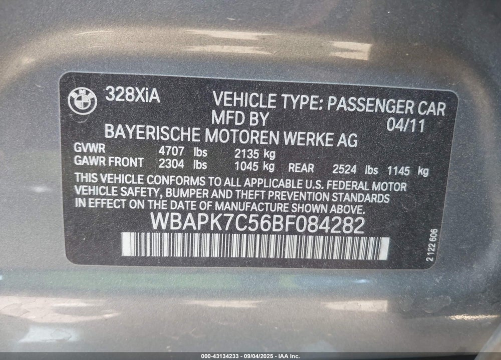 2011 BMW 3 SERIES VIN: WBAPK7C56BF084282