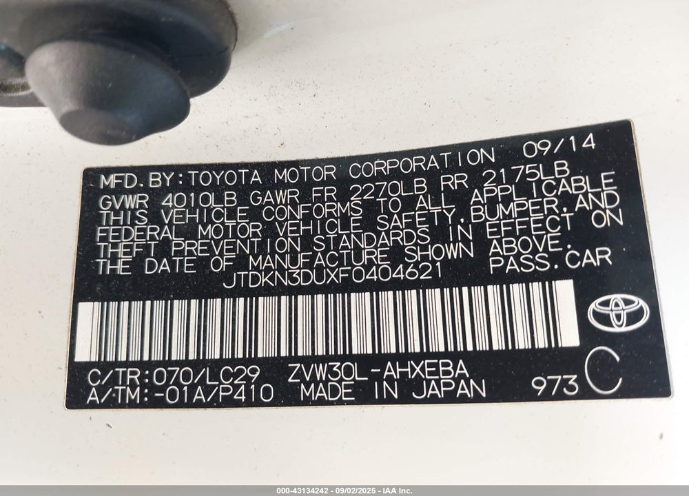 2015 TOYOTA PRIUS VIN: JTDKN3DUXF0404621