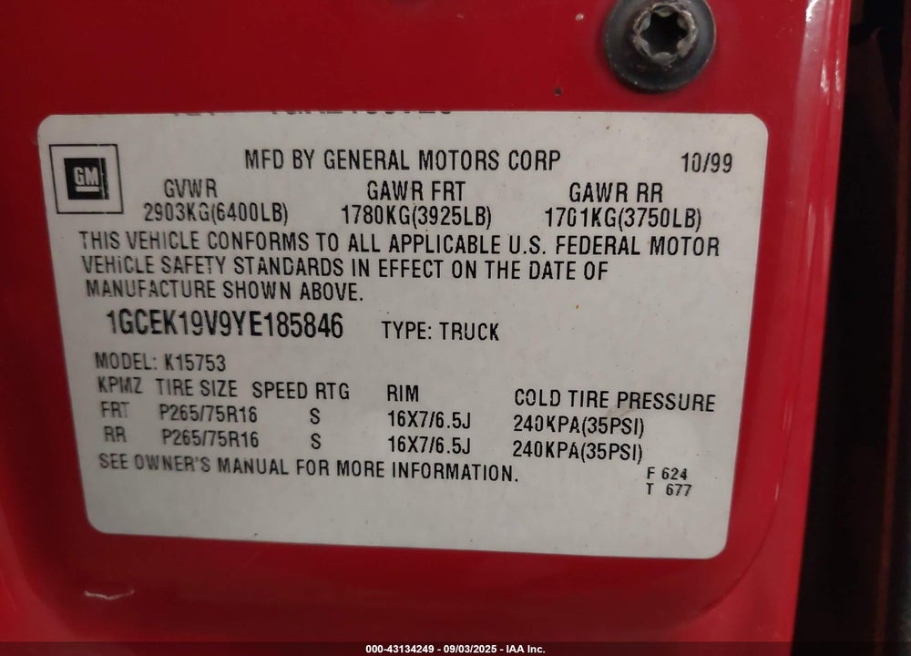 2000 CHEVROLET SILVERADO 1500 LS VIN: 1GCEK19V9YE185846