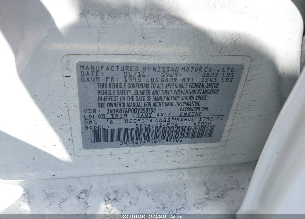 2016 NISSAN SENTRA VIN: 3N1AB7AP0GY298703