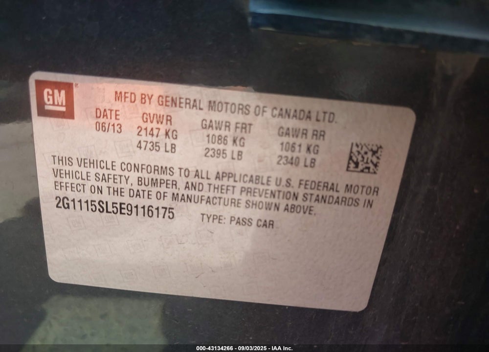 2014 CHEVROLET IMPALA VIN: 2G1115SL5E9116175