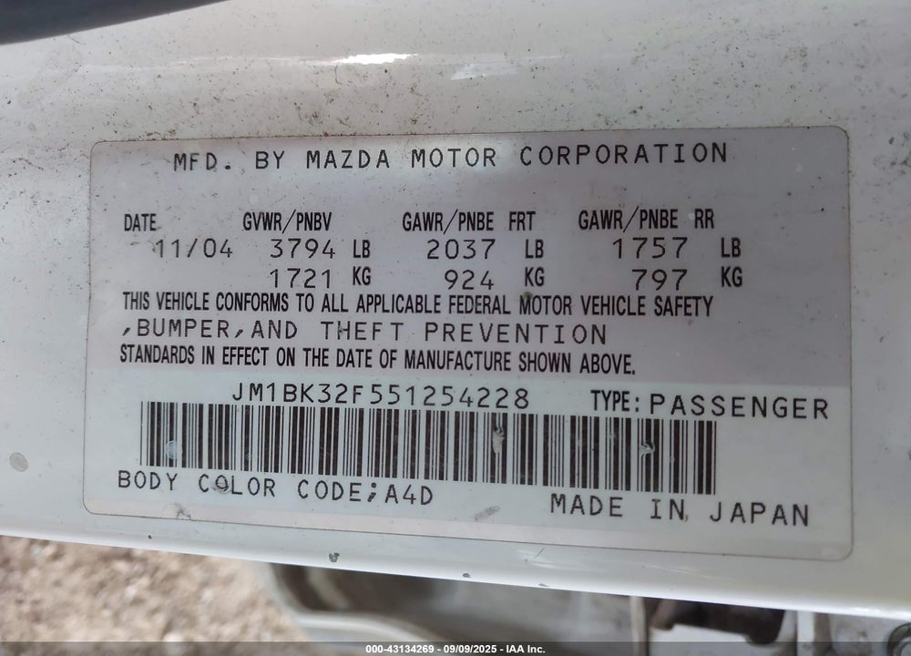 2005 MAZDA 3 I VIN: JM1BK32F551254228
