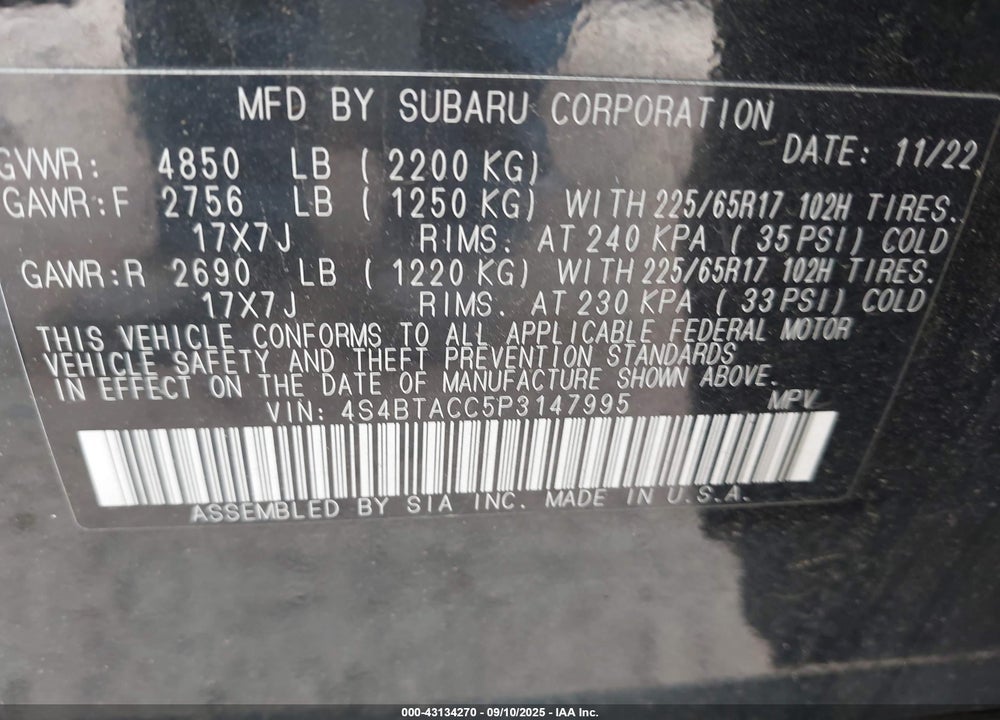 2023 SUBARU OUTBACK VIN: 4S4BTACC5P3147995