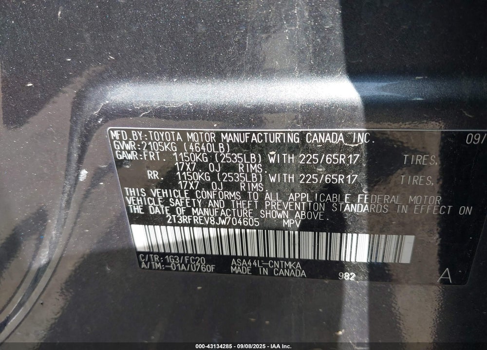 2018 TOYOTA RAV4 VIN: 2T3RFREV8JW704605
