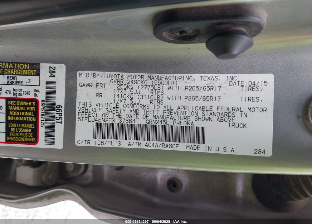 2015 TOYOTA TACOMA VIN: 5TFLU4EN2FX137664