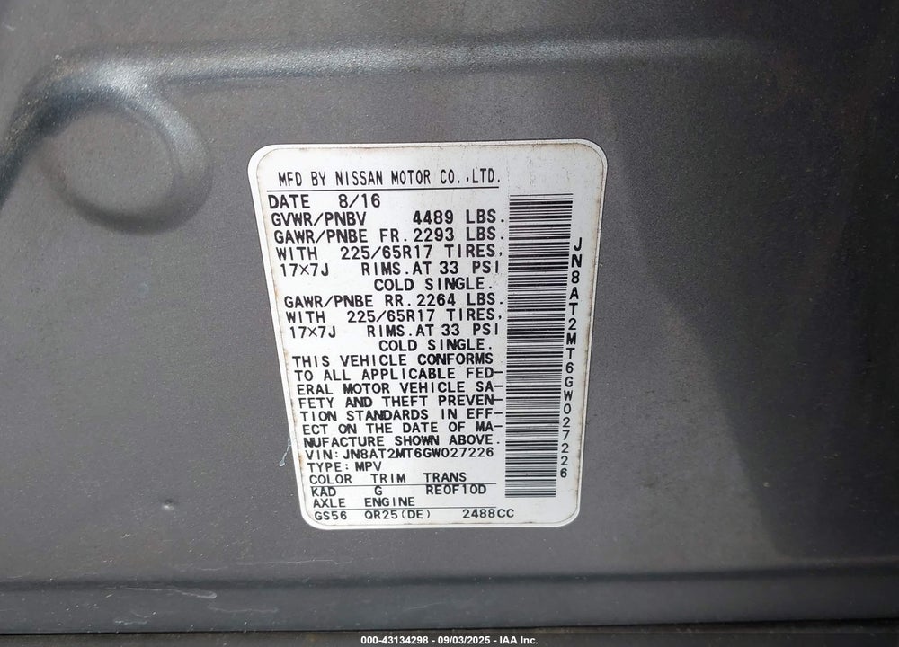 2016 NISSAN ROGUE S VIN: JN8AT2MT6GW027226