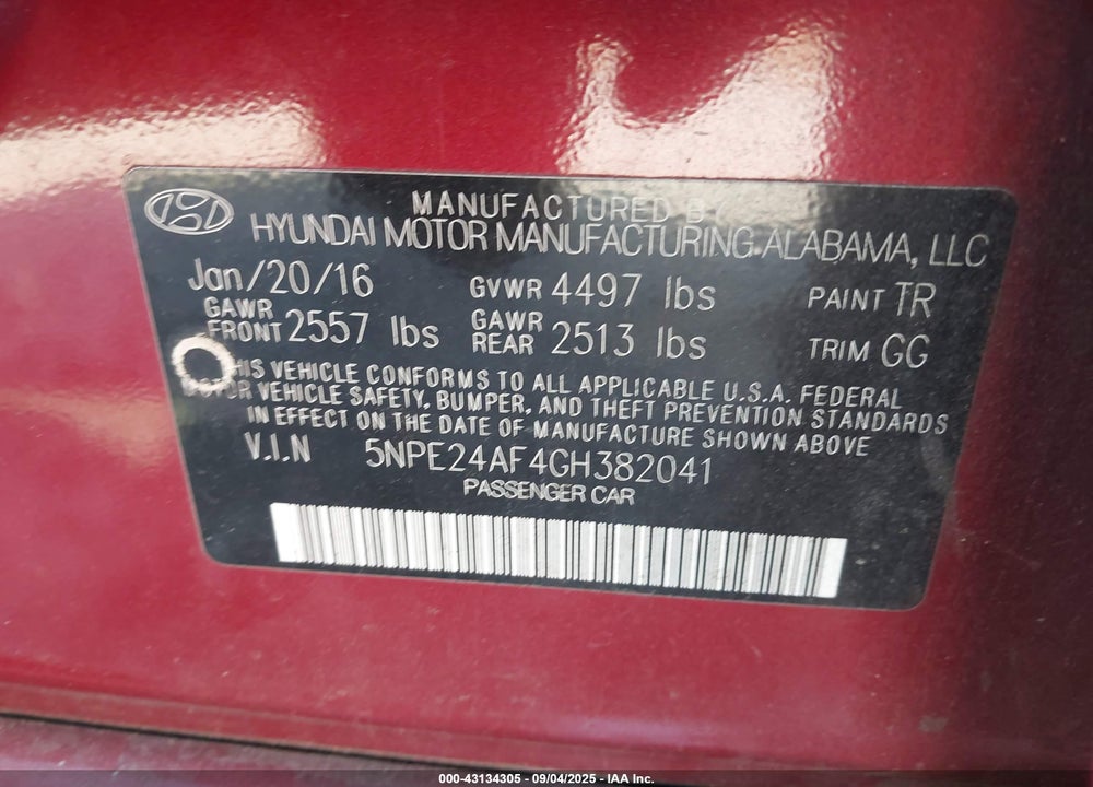 2016 HYUNDAI SONATA SE VIN: 5NPE24AF4GH382041