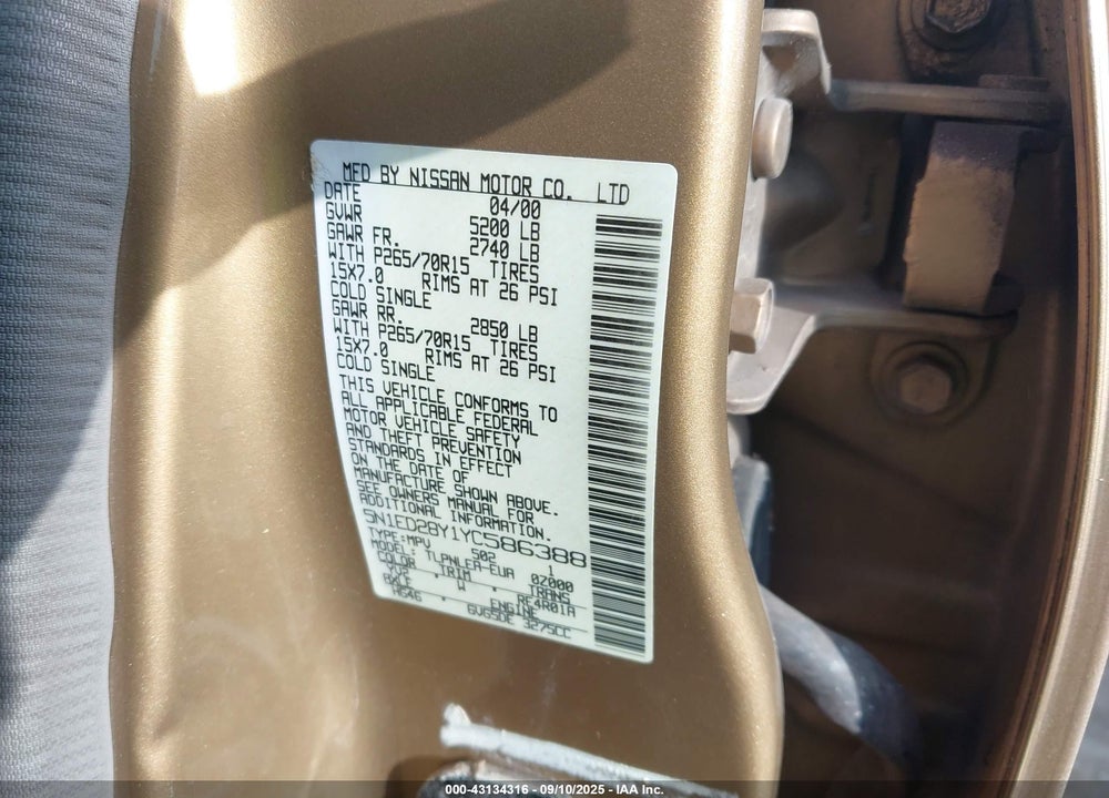 2000 NISSAN XTERRA SE/XE VIN: 5N1ED28Y1YC586388