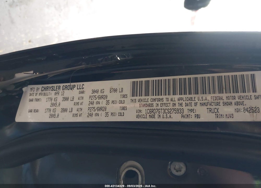 2012 RAM 1500 VIN: 1C6RD7GT3CS275933