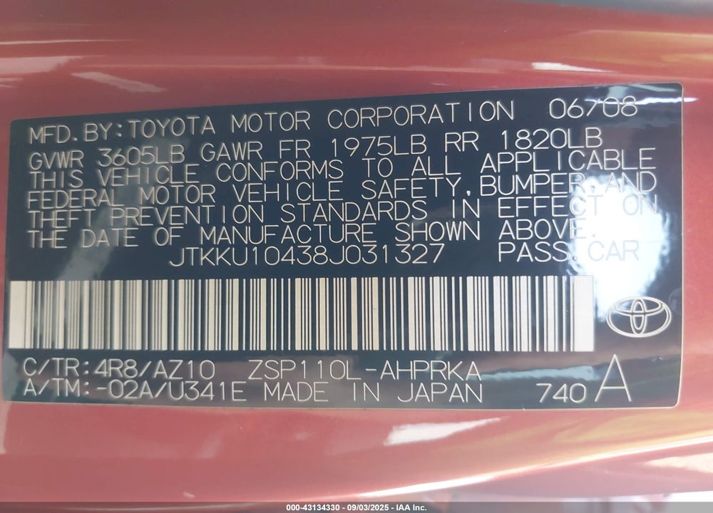2008 SCION XD VIN: JTKKU10438J031327