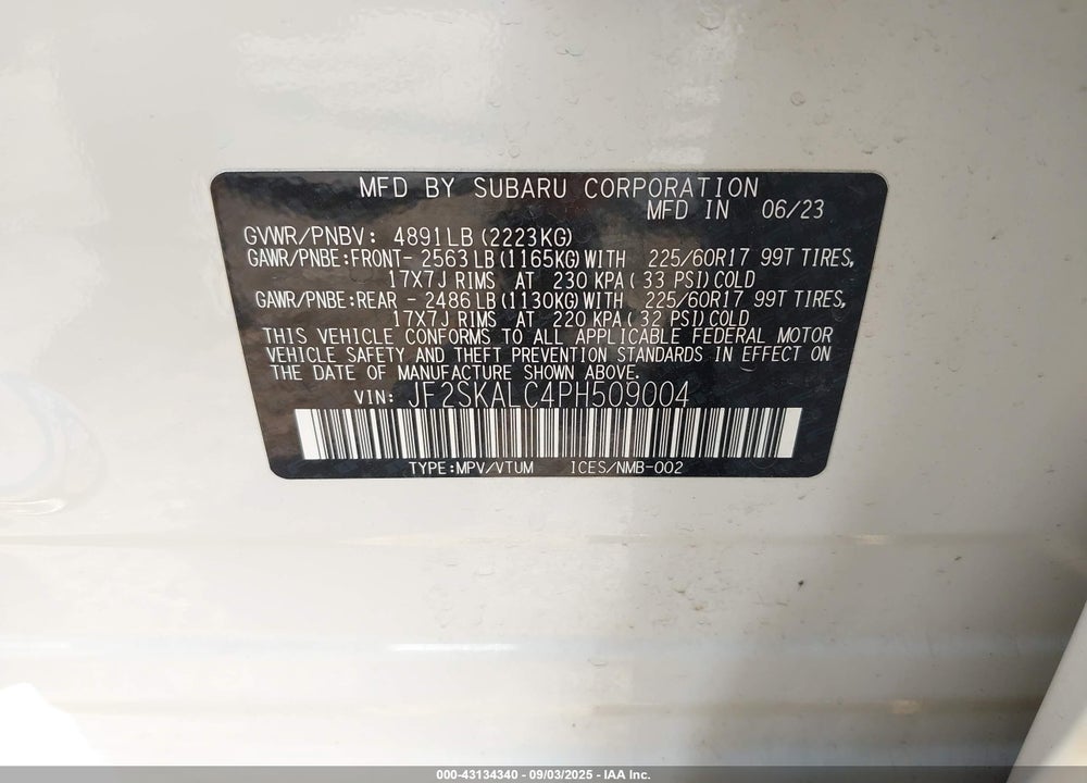 2023 SUBARU FORESTER VIN: JF2SKALC4PH509004