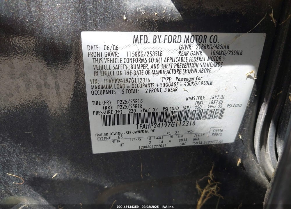 2007 FORD FIVE HUNDRED VIN: 1FAHP24197G112316