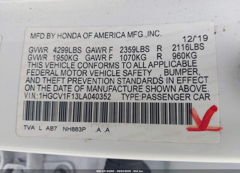 2020 HONDA ACCORD LX VIN: 1HGCV1F13LA040352