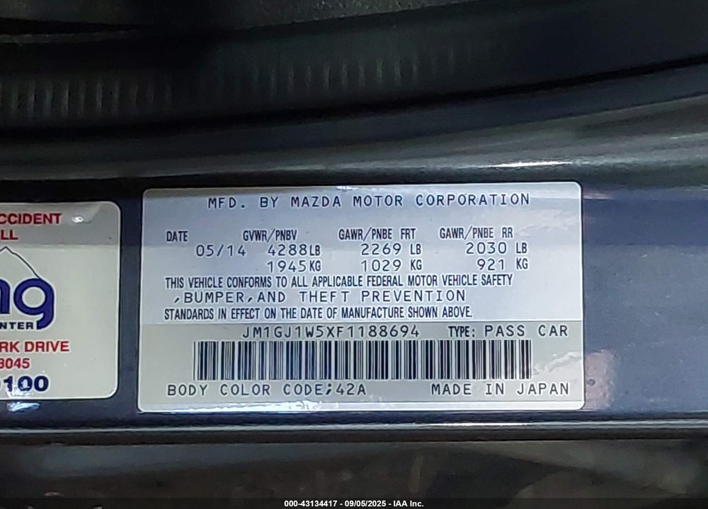 2015 MAZDA 6 VIN: JM1GJ1W5XF1188694