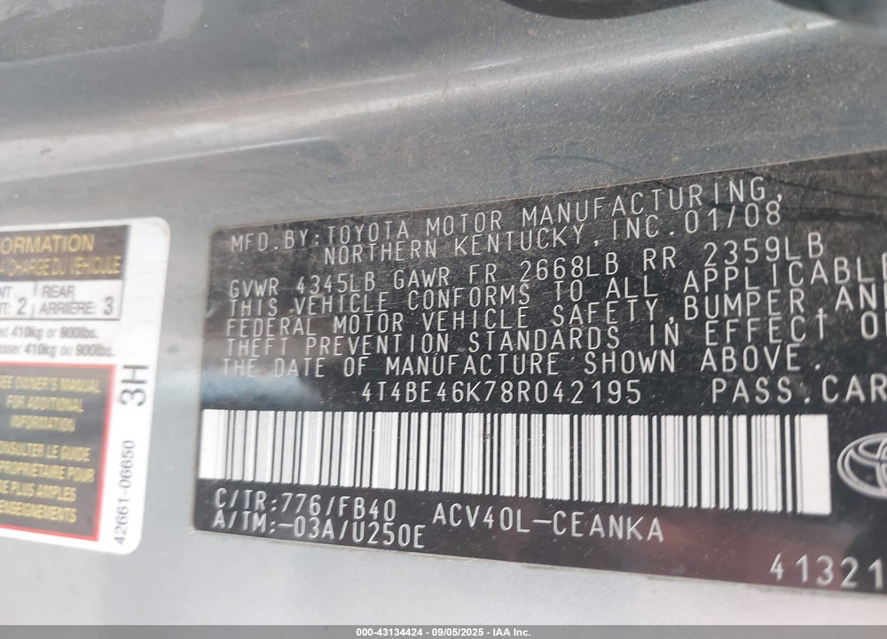 2008 TOYOTA CAMRY VIN: 4T4BE46K78R042195