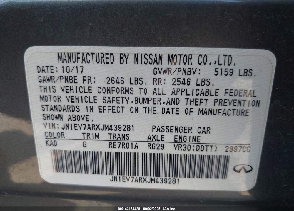 2018 INFINITI Q50 VIN: JN1EV7ARXJM439281