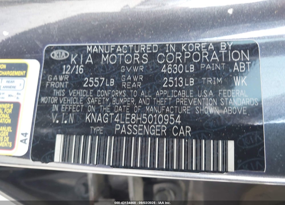 2017 KIA OPTIMA HYBRID VIN: KNAGT4LE8H5010954
