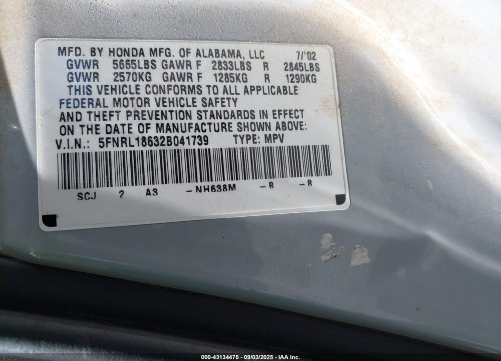 2002 HONDA ODYSSEY EX VIN: 5FNRL18632B041739
