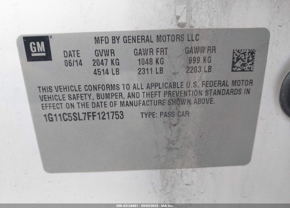 2015 CHEVROLET MALIBU VIN: 1G11C5SL7FF121753
