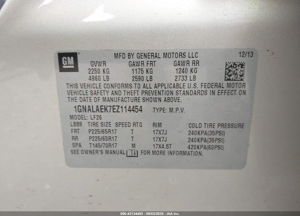 2014 CHEVROLET EQUINOX LS VIN: 1GNALAEK7EZ114454