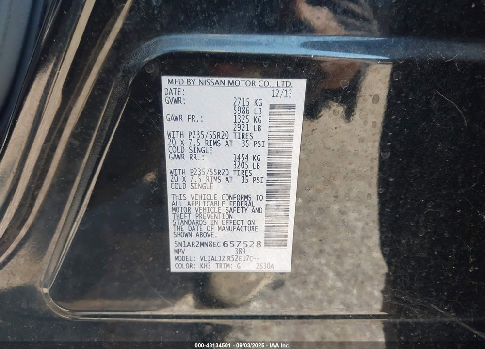 2014 NISSAN PATHFINDER VIN: 5N1AR2MN8EC657528