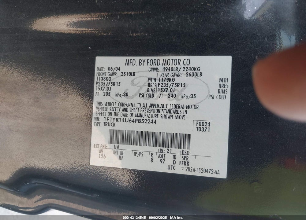 2004 FORD RANGER EDGE/TREMOR/XL/XLT VIN: 1FTYR14U64PB52244